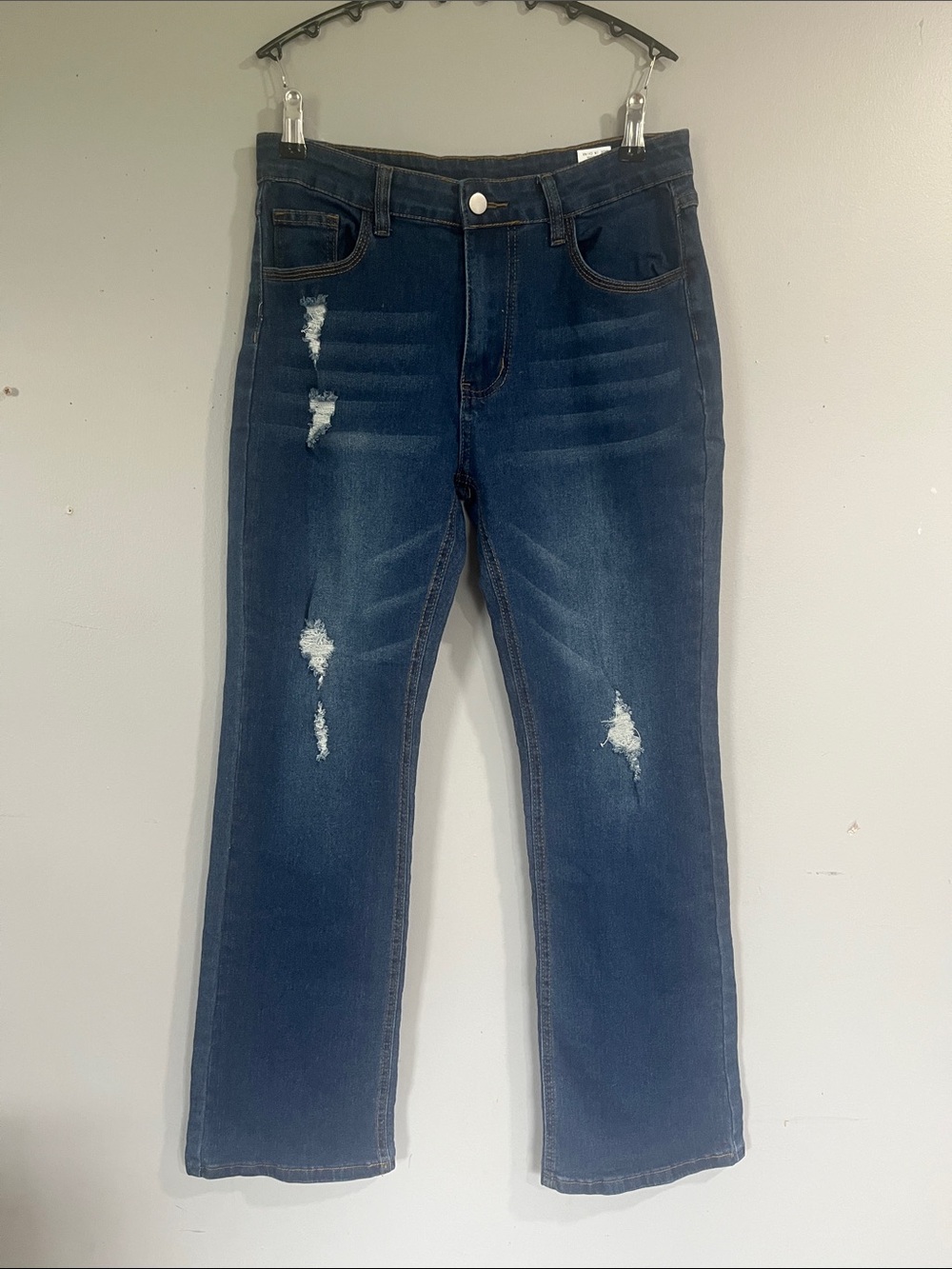 SHEIN Women's Dark Blue Boot Cut Distressed Jeans Large